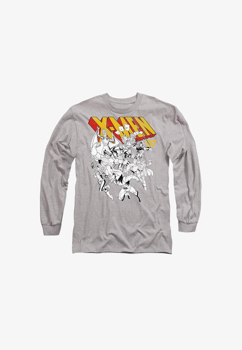 Helles graues Langarm-T-Shirt mit einem schwarz-weißen Comic-Design und buntem "X-MEN"-Text in Gelb- und Rottönen.