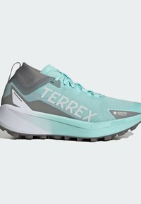 Lekki turkusowy but do biegania z szarym kołnierzem, teksturowaną cholewką, wyraźnym napisem "TERREX" oraz wytrzymałą, wielokierunkową podeszwą zewnętrzną.