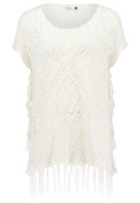 Haut blanc en maille à manches courtes avec motif losange, design en maille ouverte et longues franges le long de l'ourlet inférieur.