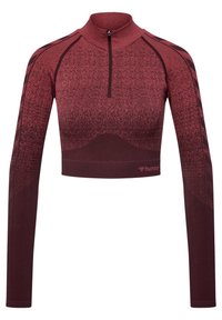 Langärmliges, cropped Sportoberteil in Bordeaux mit einem Viertel-Reißverschluss; hat ein strukturiertes Farbverlaufsmuster und eine figurbetonte Passform, Logo am Saum.