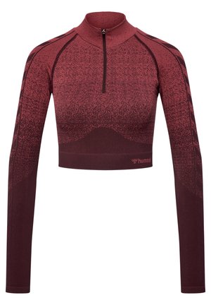 Langærmet, cropped træningstopp i maroon med kvart lynlås; har et struktureret gradientmønster og tætsiddende design, logo på kanten.