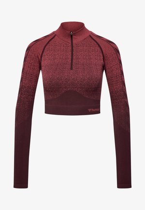 Korte mouwen, cropped sporttop in bordeauxrood met een kwart rits; heeft een gestructureerd gradientpatroon en een aansluitend ontwerp, logo op de zoom.