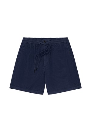 Donkerblauwe herenshorts met elastische tailleband, aantrekkoord, knoopsluiting en zijzakken, gemaakt van lichtgewicht stof.