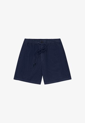 Donkerblauwe herenshorts met elastische tailleband, aantrekkoord, knoopsluiting en zijzakken, gemaakt van lichtgewicht stof.
