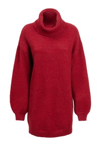 Rød strikket sweater med høj funnel neck, oversized fit, nedsatte skuldre og lange ballonærmer, lavet af blødt, tekstureret garn.