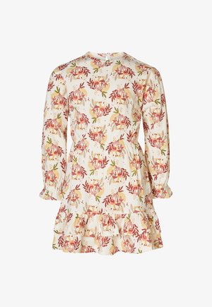 Vestido con estampado floral en tejido ligero, con mangas largas, escote redondo y un dobladillo con volantes en tonos de rosa, amarillo y verde.