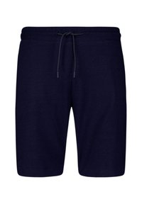 Marineblauwe shorts van zacht materiaal; heeft een elastische tailleband met trekkoord, knielange snit en bevat geen zichtbare patronen of logo's.