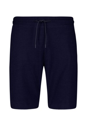 Navy blue shorts made of soft fabric; features an elastic waistband with drawstring, knee-length design, and no visible patterns or logos.