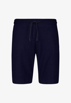 Navy blue shorts made of soft fabric; features an elastic waistband with drawstring, knee-length design, and no visible patterns or logos.