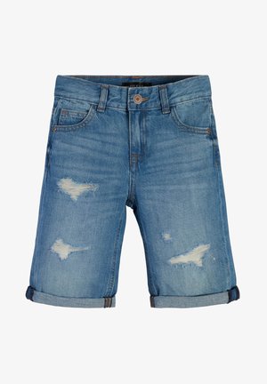 Shorts di jeans blu con orli risvoltati, toppe consumate su entrambe le gambe, tasche anteriori, passanti per cintura e chiusura con bottone.