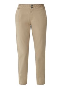 Beige byxor med en slät yta, åtsittande design, två framknappar och en klassisk rak benform. Förstärkta sömmar som accentuerar hela plagg.