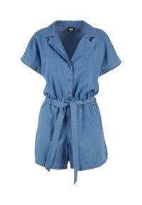 Short-sleeve blue denim romper with button front, notched collar, elastic waist, and matching fabric belt tied at front.
