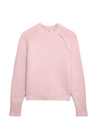 Maglione lavorato a maglia rosa chiaro con scollo rotondo, polsini e orlo a coste; presenta maniche raglan e una finitura morbida e tessurizzata.