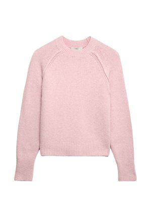 Maglione lavorato a maglia rosa chiaro con scollo rotondo, polsini e orlo a coste; presenta maniche raglan e una finitura morbida e tessurizzata.
