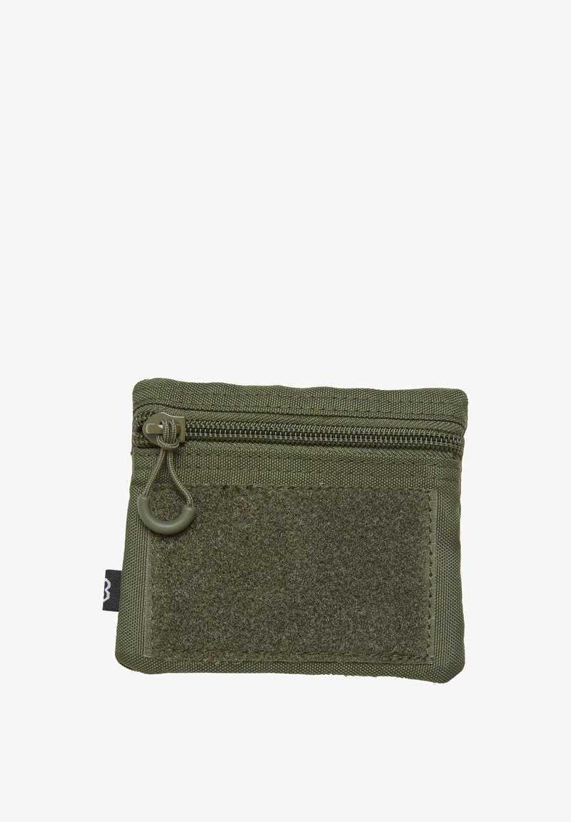 Žalios medžiagos maišelis su užtrauktuku, priekyje esančiu tekstūruotu velcro lipduku ir kilpa tvirtinimui. Kompaktiška ir kvadratinė forma.