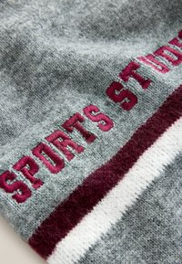 Tissu gris avec une texture douce. Présente un texte brodé maroon "STUDIOS DE SPORTS" et des rayures horizontales en maroon et blanc en bas.