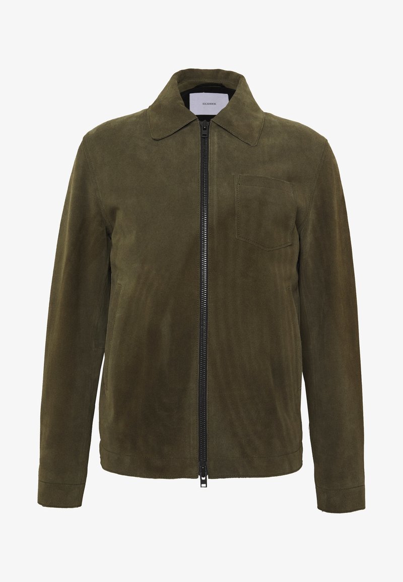 Olive green suede jacket with front zipper, chest pocket on the left, long sleeves, and a pointed collar.