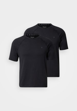 T-shirts pretas de manga curta, com gola redonda e mangas raglan, feitas de tecido leve com textura suave. Conjunto de dois.