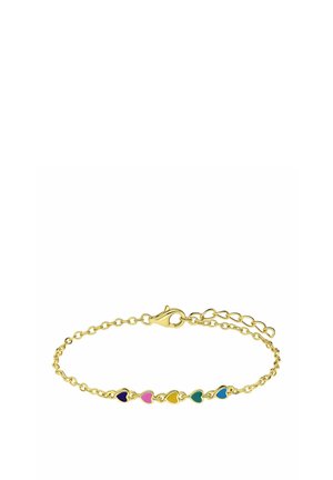 Gouden armband met vijf kleine hartvormige hangers in marineblauw, roze, geel, groen en blauw, met een karabijnsluiting en verstelbare schakels.