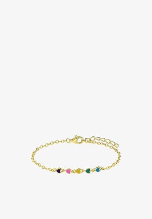 Bracelet chaîne en or avec cinq petites breloques en forme de cœur de couleurs marine, rose, jaune, verte et bleue, équipé d'un fermoir mousqueton et de maillons ajustables.