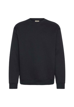 Melna crewneck sporta džemperis, izgatavots no mīksta auduma. Tam ir garas piedurknes un ribotas aproces un apakša. Nav redzamu rakstu vai logo.