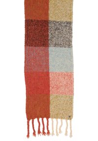Sciarpa tessuta con un motivo a quadri nei toni di rosso, beige, marrone, blu e verde, con frange annodate su entrambe le estremità.
