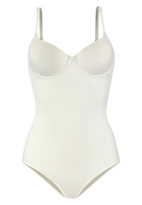 Bodysuit blanc avec bretelles ajustables, bonnets moulés et texture lisse. Présente un petit détail en forme de nœud au centre devant.