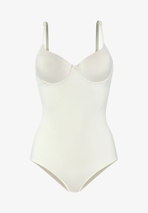 Bodysuit blanc avec bretelles ajustables, bonnets moulés et texture lisse. Présente un petit détail en forme de nœud au centre devant.