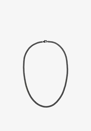 Zwarte metalen ketting met een glad, uniform ontwerp, flexibele schakels en een eenvoudige sluiting. De lengte is geschikt voor een nauwe pasvorm rond de nek.