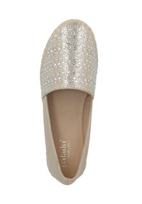 Espadrilles beige con design flat e accenti metallici. La parte superiore presenta un motivo geometrico con dettagli riflettenti. Fodera interna morbida.