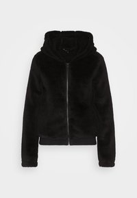 Felpa nera in pile con zip frontale, morbida al tatto, con polsini e orlo a costine e un cappuccio ampio. Design semplice e moderno, senza motivi.
