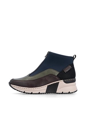 Ankle-high sneaker boot with a front zipper, layered blue, green, and brown leather upper, thick white sole, and black tread for grip.