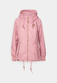 Ljusrosa kviltad jacka med blommönster, gyllene dragkedja, justerbara snörningar och ribbade ärmslut. Två sidofickor ingår.