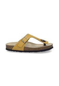 Gul læder flip-flop sandal med sort accent og justerbar spænde. Korksål og struktureret gummisål for bedre greb.