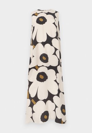 Obleka brez rokavov z velikim belim in črnim cvetličnim potiskom ter rjavimi poudarki na črni podlagi.