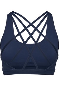 Granatowy biustonosz sportowy z krzyżującymi się ramiączkami na plecach, wykonany z gładkiego, elastycznego materiału o bezszwowej strukturze i bez wkładek.