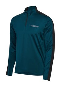 Langærmet mørk teal sportstop med sorte striber på ærmer og skuldre, halv lynlås foran og "HUMMEL" logo på brystet.