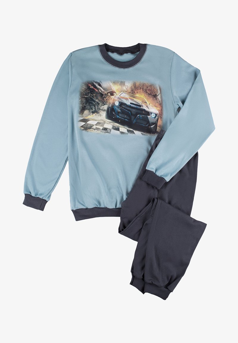 Jasnoniebieska bluza z nadrukiem wyścigowego samochodu, w połączeniu z ciemnoszarymi spodniami. Oba elementy mają elastyczne mankiety i gładką teksturę.