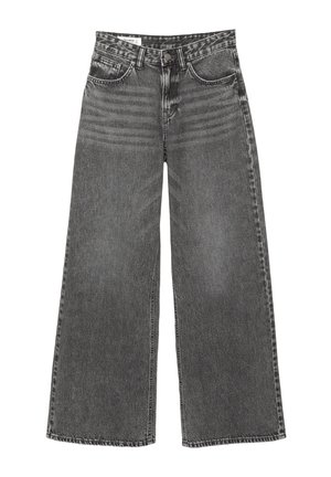 Jeans z szerokimi nogawkami wykonane z czarnego denimu z subtelnym wyblaknięciem. Posiada przednie kieszenie, zapięcie na guzik oraz widoczne detale przeszyć.