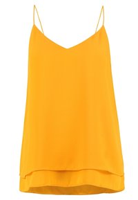 Žlutý tílko bez rukávů s výstřihem do tvaru písmene V, vyrobené z hladké látky, s delším zadním lemem a tenkými ramínky.