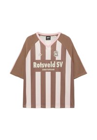 Maillot de football à manches courtes rayé verticalement marron et beige avec le texte "Rotsveld SV Amsterdam" et le blason de l'équipe sur la poitrine.