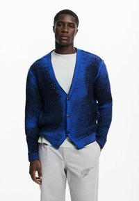 Cárdigan de punto azul y marino con escote en V, bordes acanalados y cierre de botones. Combinado con pantalones gris claro que tienen un diseño de pez.