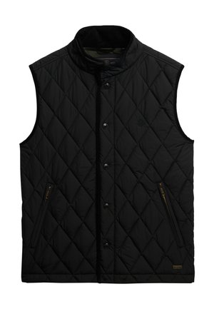 Zwarte gewatteerde vest met een hoge kraag, drukknopen aan de voorkant, twee ritszakken en een subtiel logo op de borst. Zachte textuur.