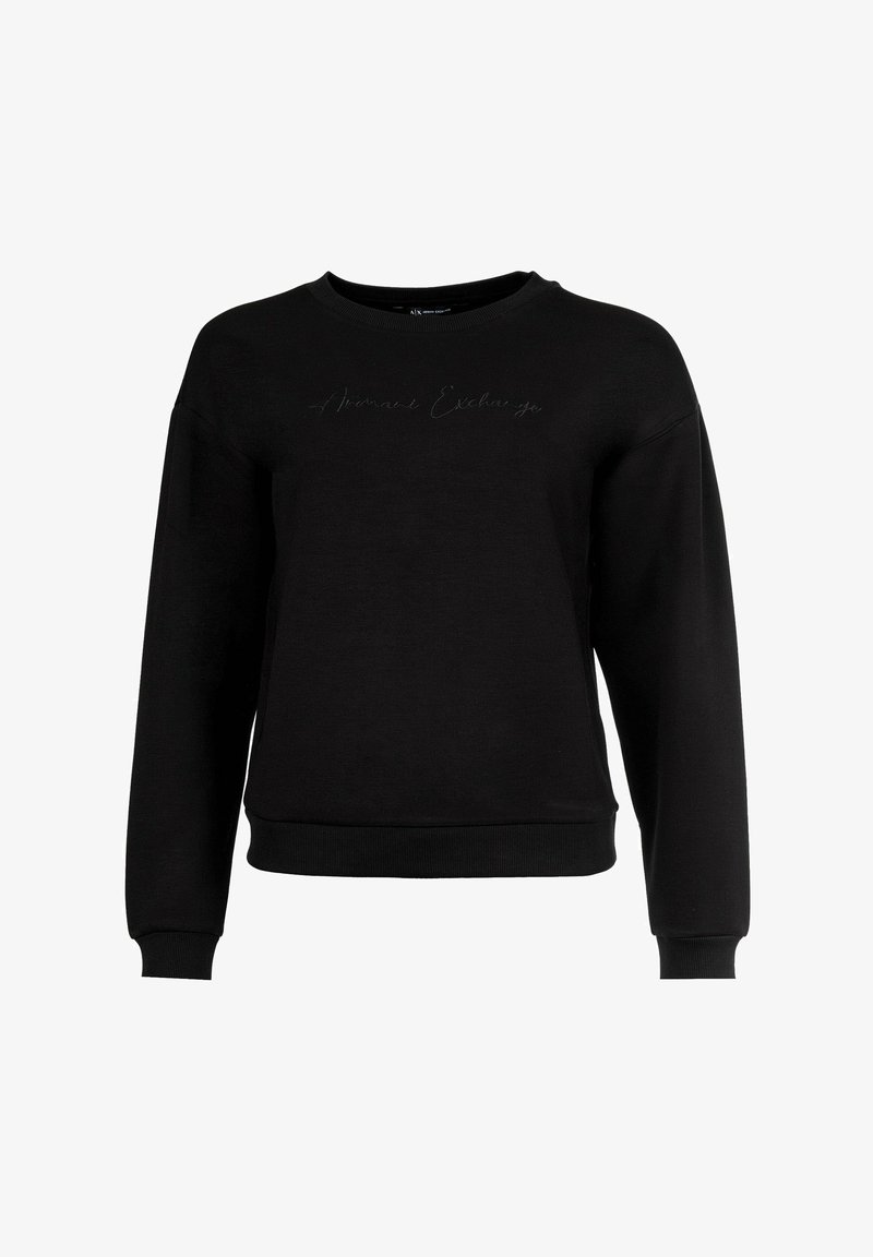 Sudadera negra de cuello redondo con mangas largas y sutil logo de "Armani Exchange" en el pecho en un texto negro a juego.