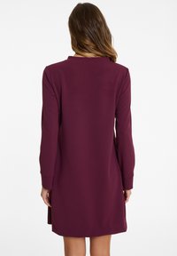 Woman with long brown hair wearing a plain, long-sleeve, knee-length burgundy dress, shown from the back against a white background.