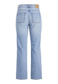 Jeans celesti a vita alta con design a gamba dritta, dotati di due tasche posteriori e una finitura in denim testurizzato.