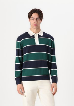 Langermet polo-skjorte i marineblå og grønne striper med hvite detaljer, med krage og knapplista, laget av mykt stoff.