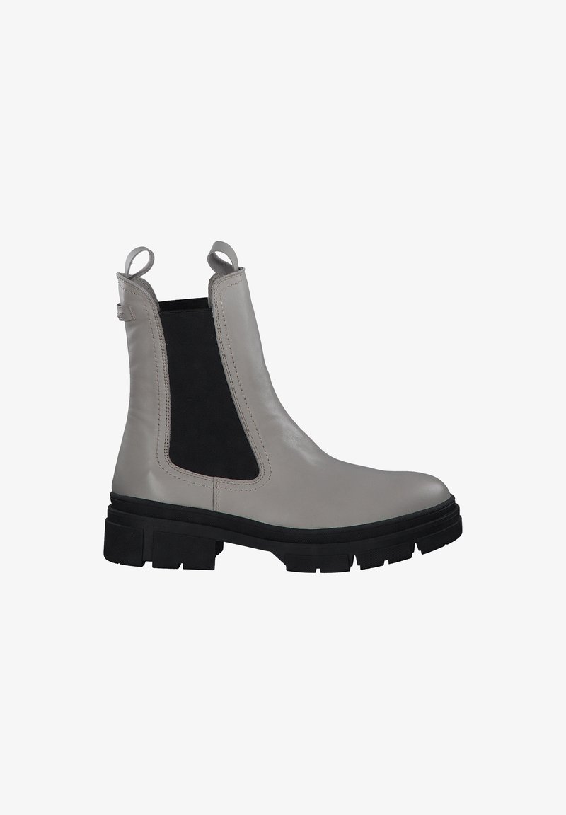 Bottine Chelsea en cuir gris avec panneau latéral élastique noir et languette de tirage. Semelle extérieure en caoutchouc noir épaisse avec surface texturée pour une meilleure adhérence.