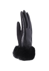 Guanto in pelle nera e tessuto con cuciture decorative e un ampio polsino in pelliccia nera, mostrato con il palmo rivolto a destra.