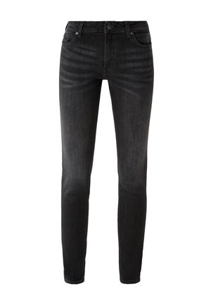 Schwarze Denim-Jeans mit schmaler Passform, mit einem Fünf-Taschen-Design, Gürtelschlaufen und einem Knopfverschluss. Glatte Textur mit dezentem Verblassen.